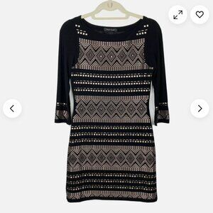 White House-Black Market Midi Dress. black with gold metallic embellishments